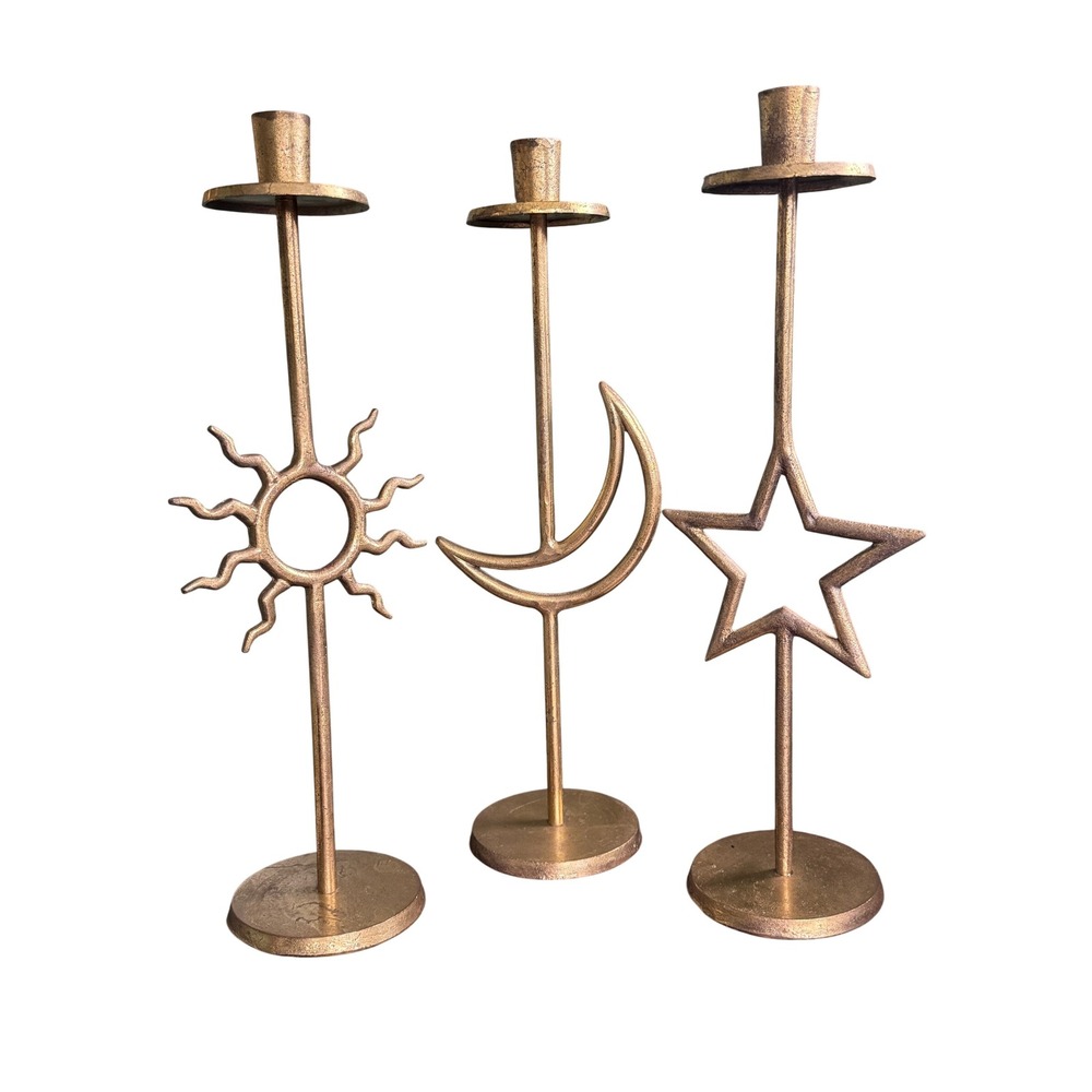 Celestial Gold Metal Taper Candle Holders Set of 3 Sun Moon Star India